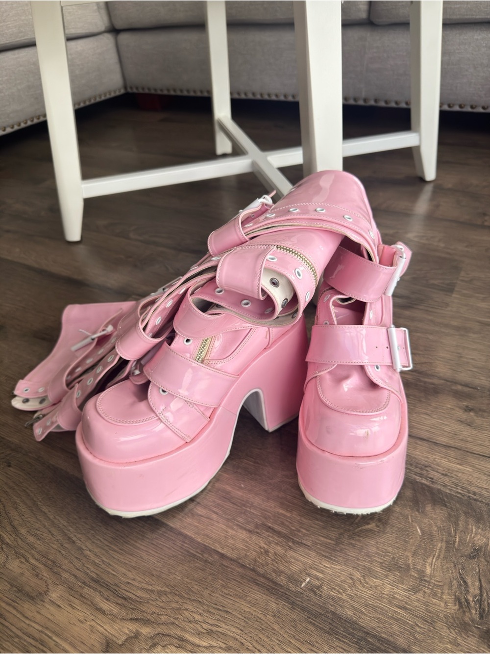 DEMONIA Platform Knee-High Buckle Boots - Pink - Picture 5 of 11